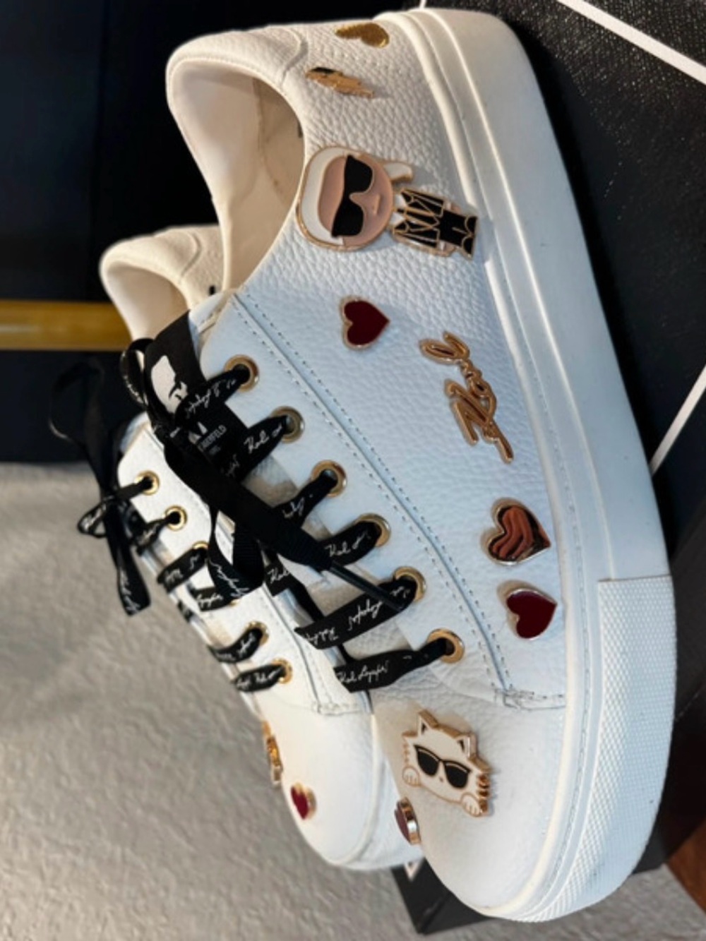 Karl Lagerfeld White Leather Sneakers with Red Heart Charms